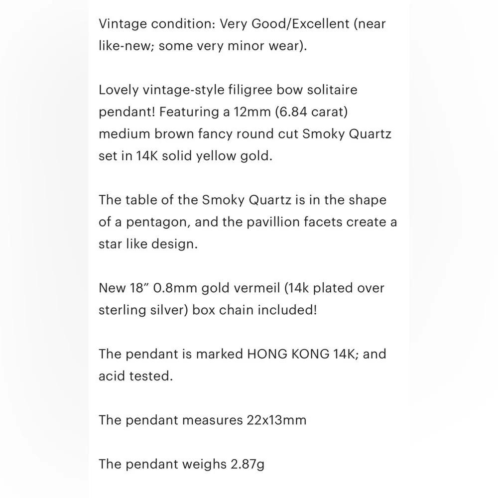 Vintage 14K Gold Smoky Quartz Pendant Necklace: Filigree Bow, Star Cut - Picture 10 of 10